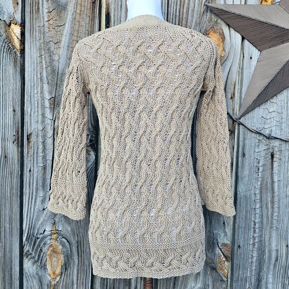 Loose Knit Linen Blend Sweater Tommy Bahama Size S Vneck Beaded Tie Solid Tan - Picture 3 of 9
